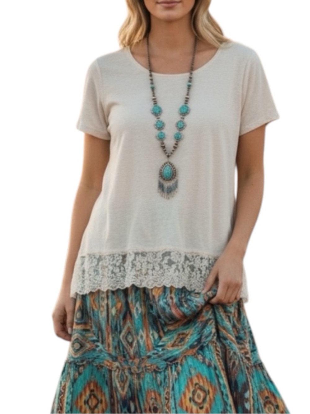 Sundance linen blend and lace natural ivory top short sleeves size large